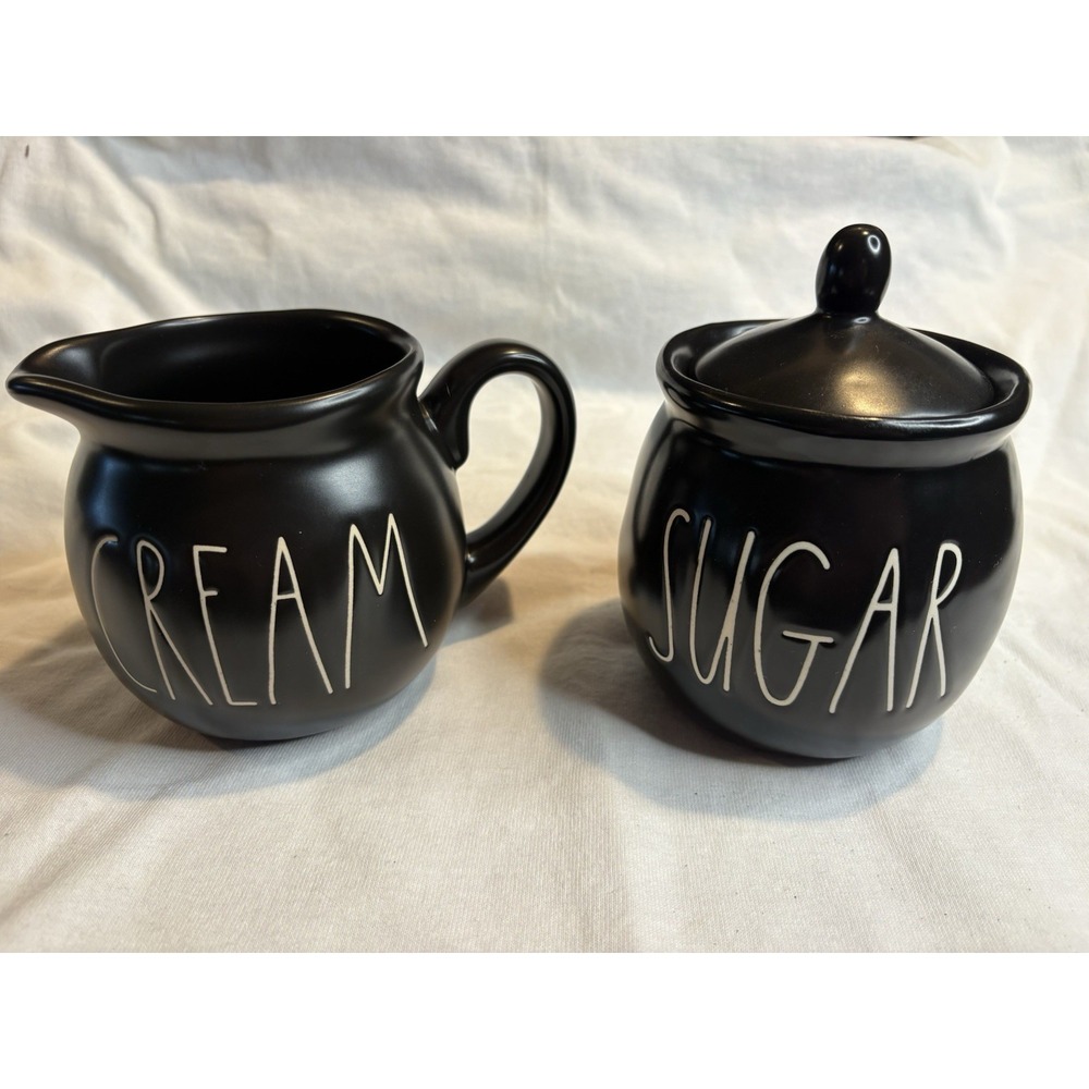 Rae Dunn Black Ceramic Cream and Sugar Set with Lid Artisan Collection Magenta